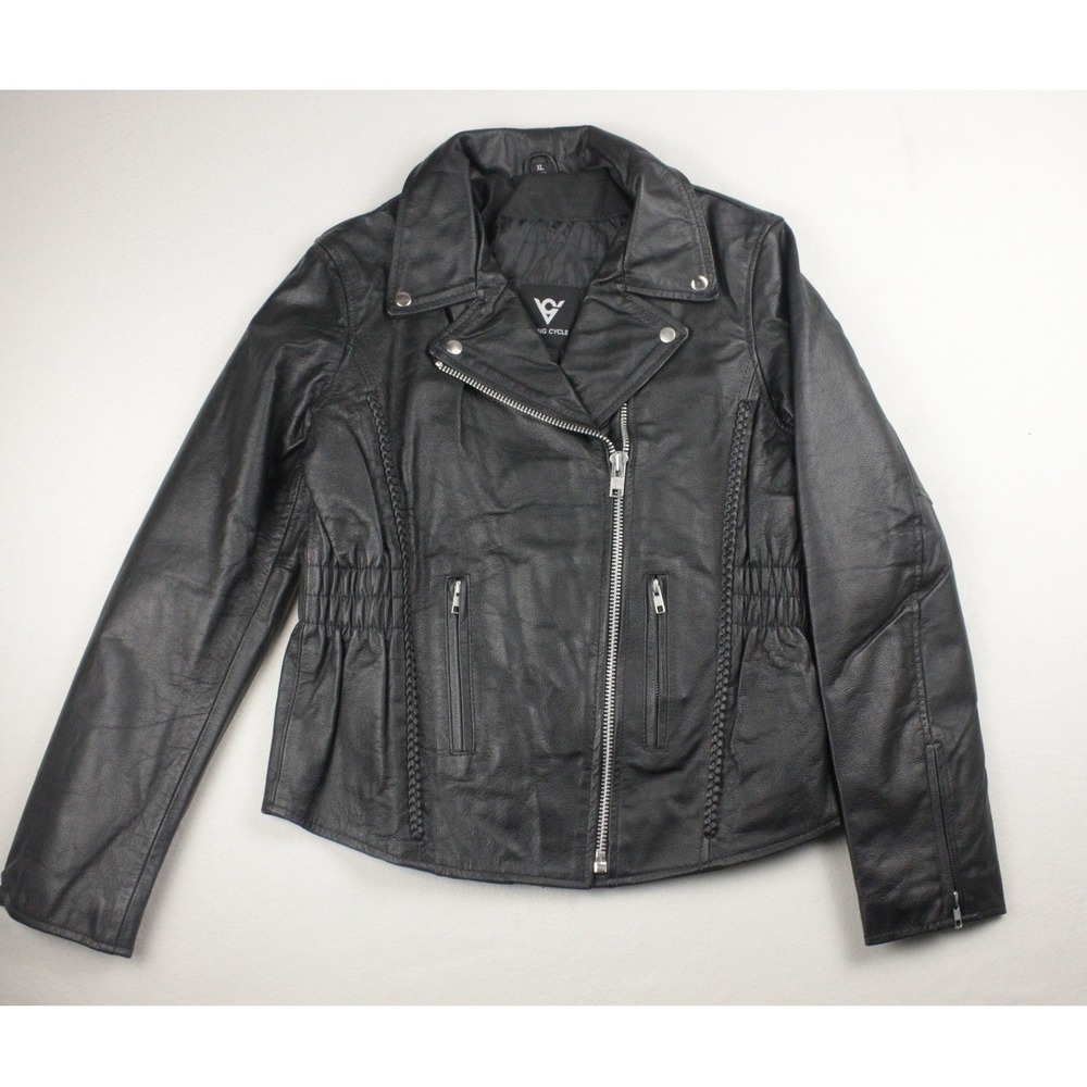 Viking Cycle Leather Moto Jacket Women XL Black Braided Biker Motorcycle